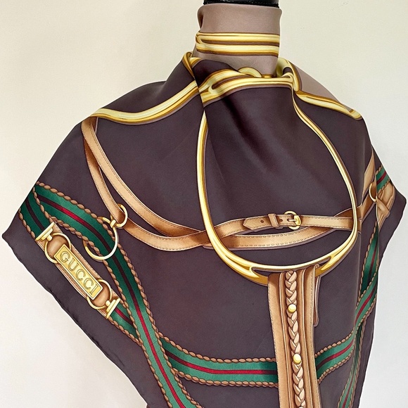 New Gucci Scarf Brown Iconic Horsebit Logo Print Silk Wrap with Gucci Gift Box - Picture 4 of 16